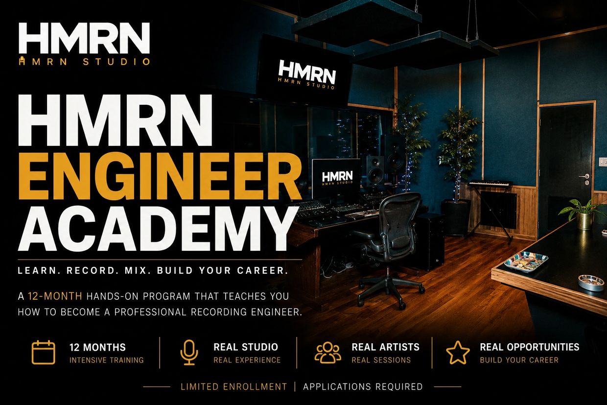 HMRN Engineer Academy ad for a 12-month recording engineer program.