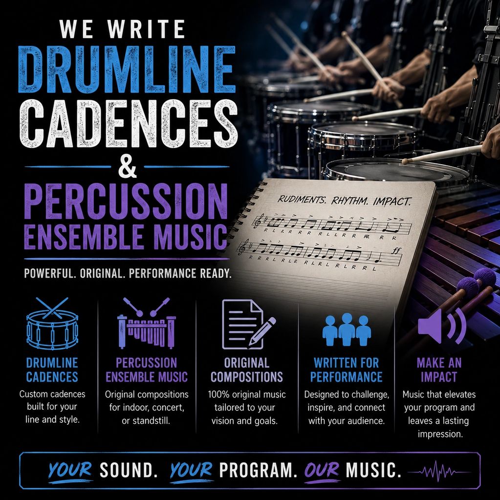 Promote custom drumline and percussion ensemble music compositions for powerful performances.