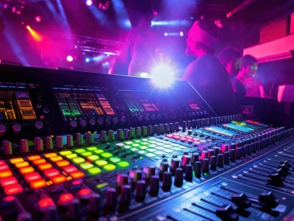 Colorful sound mixing console at a lively nightclub or concert.