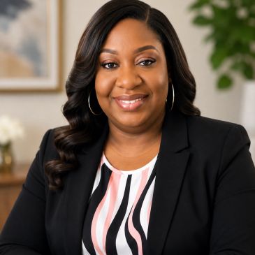 Professional woman smiling in business attire.