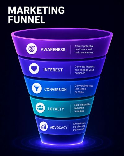 3D funnel design that illustrates the customer journey from Awareness, Interest, Conversion, Loyalty