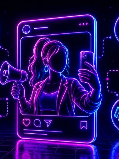 Neon influencer marketing illustration featuring a social media creator, engagement icons, analytics