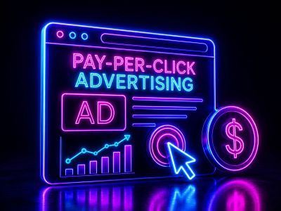 Neon Pay-Per-Click (PPC) advertising dashboard with glowing analytics, click target, and digital mar