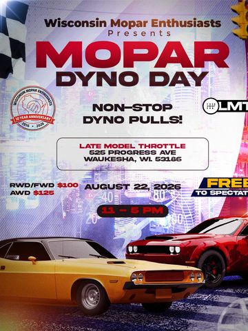Flyer for Mopar Dyno Day event with racing cars and event details.