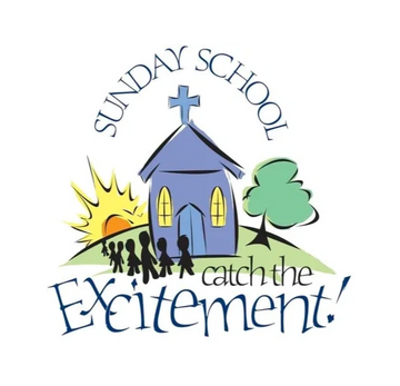 Colorful Sunday School logo with children, church, sun, and tree.