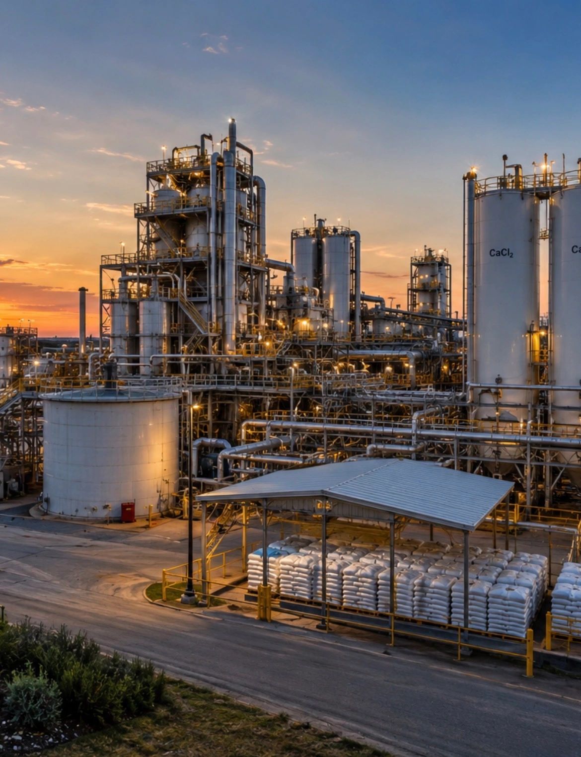 Chemical plant with large storage tanks and pipes at sunset.