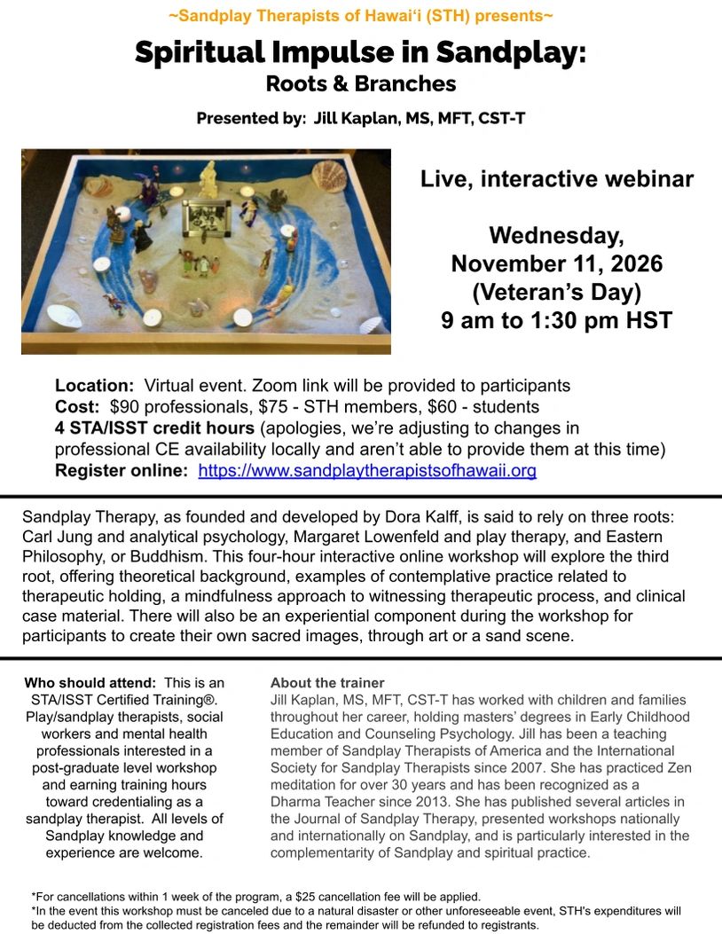 Flyer for a spiritual sandplay webinar presented by Jill Kaplan on Nov 11, 2026.