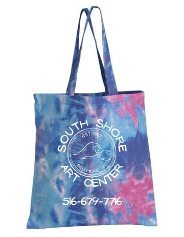Tie-dye tote bag with South Shore Art Center logo and contact number.