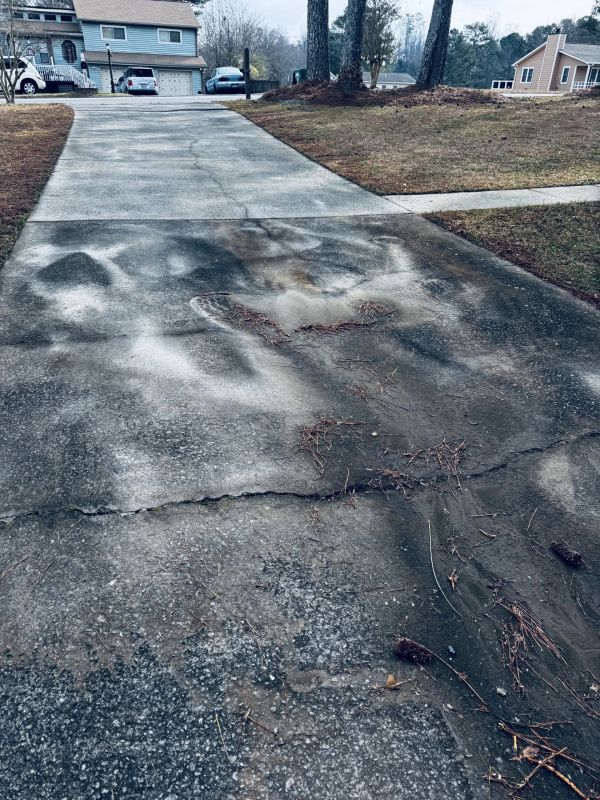 A cracked driveway with white stains and scattered pine needles.