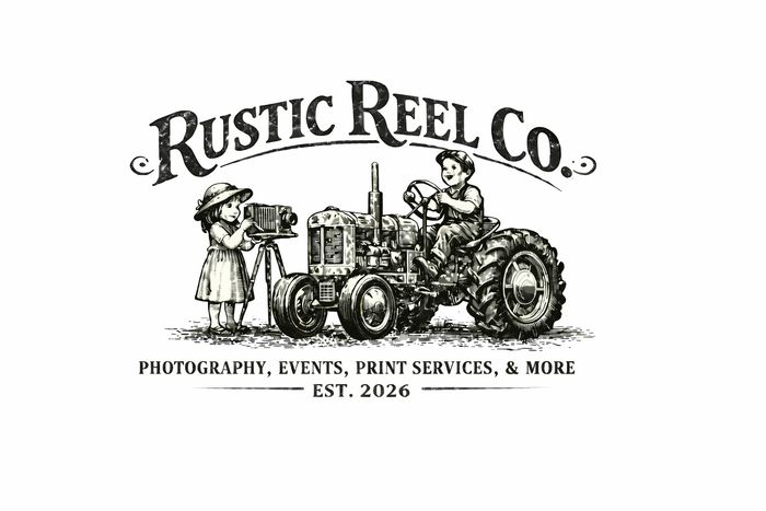 Vintage-style logo of Rustic Reel Co. with kids and a tractor.