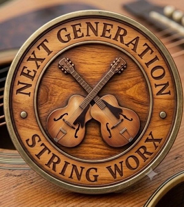 Wooden plaque with crossed guitars and engraved text.