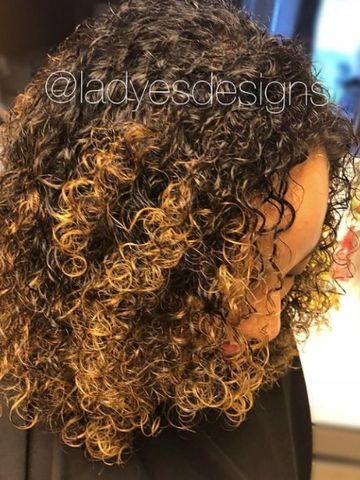 Curly deva cut with blonde ombre' on client created by Lady E's Mobile Hair Experience
