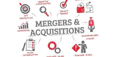 Words and symbols connected to text in the middle stating Mergers and Acquisitions