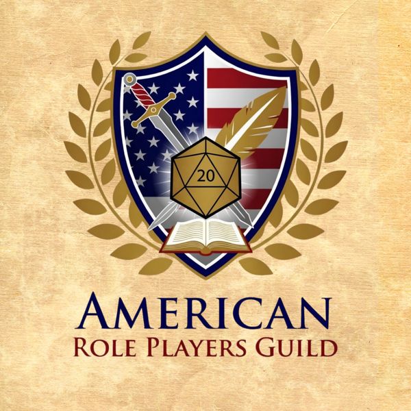Logo of American Role Players Guild with shield, sword, quill, and d20 dice.