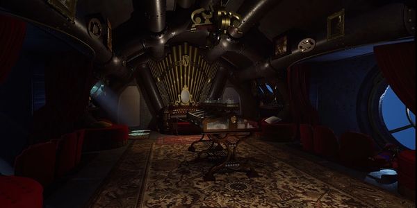 A dimly lit, steampunk-inspired room with vintage furniture and intricate decor.