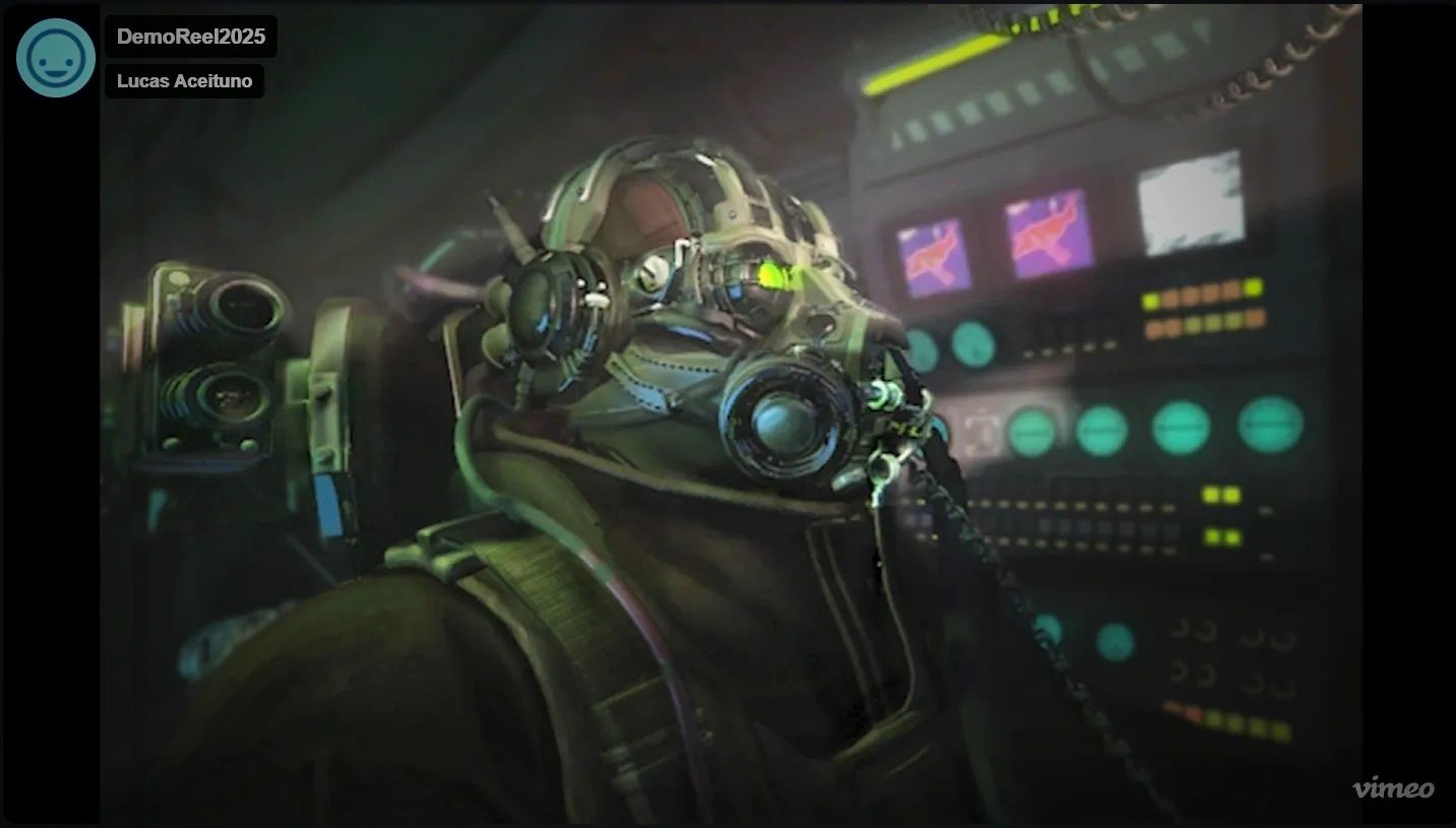 Futuristic soldier with advanced helmet and gas mask in a high-tech control room.