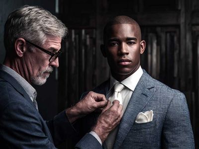 An older man adjusts a younger man's tie in a formal setting.