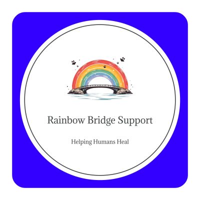 Logo of Rainbow Bridge Support with a rainbow over a bridge and paw prints.