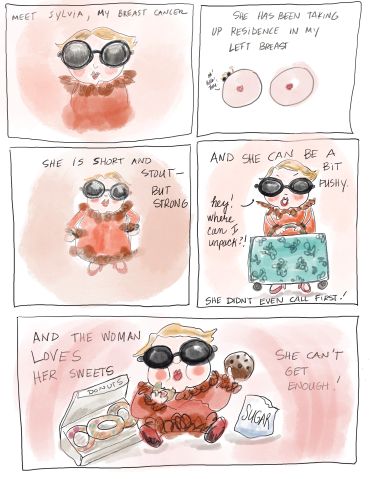 A comic about breast cancer personified as 'Sylvia,' showing resilience and indulgence.