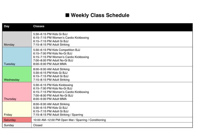 Weekly Gym Class Schedule