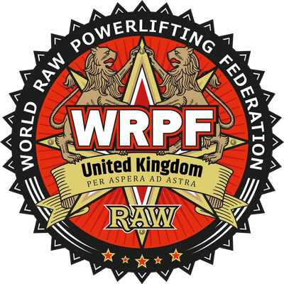Logo of the World Raw Powerlifting Federation UK with lions and stars.
