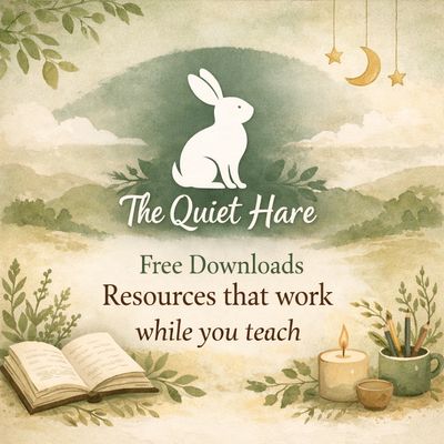 Illustration promoting 'The Quiet Hare' with free teaching resources and calming nature elements.