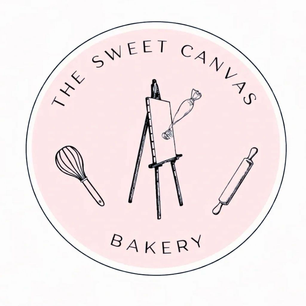 Bakery logo with name, easel, whisk, piping bag, and rolling pin.

