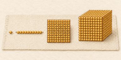 Three 3D cube bead structures of increasing size on a beige mat.
