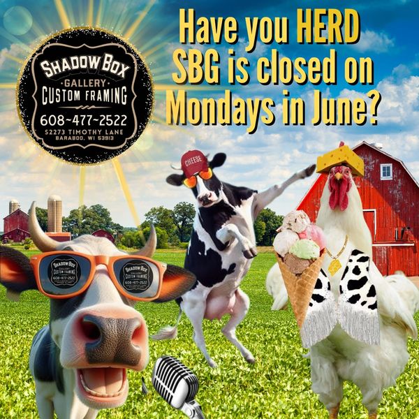 Farm animals promote Shadow Box Gallery's June Monday closures with fun costumes.