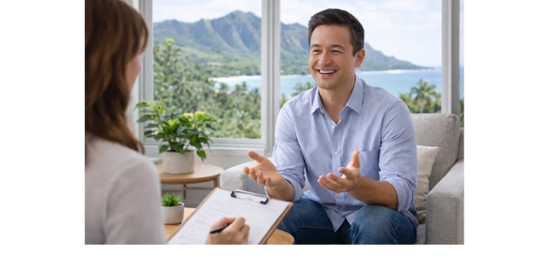 A man happily talks to a woman with a clipboard in a bright room with mountain views.