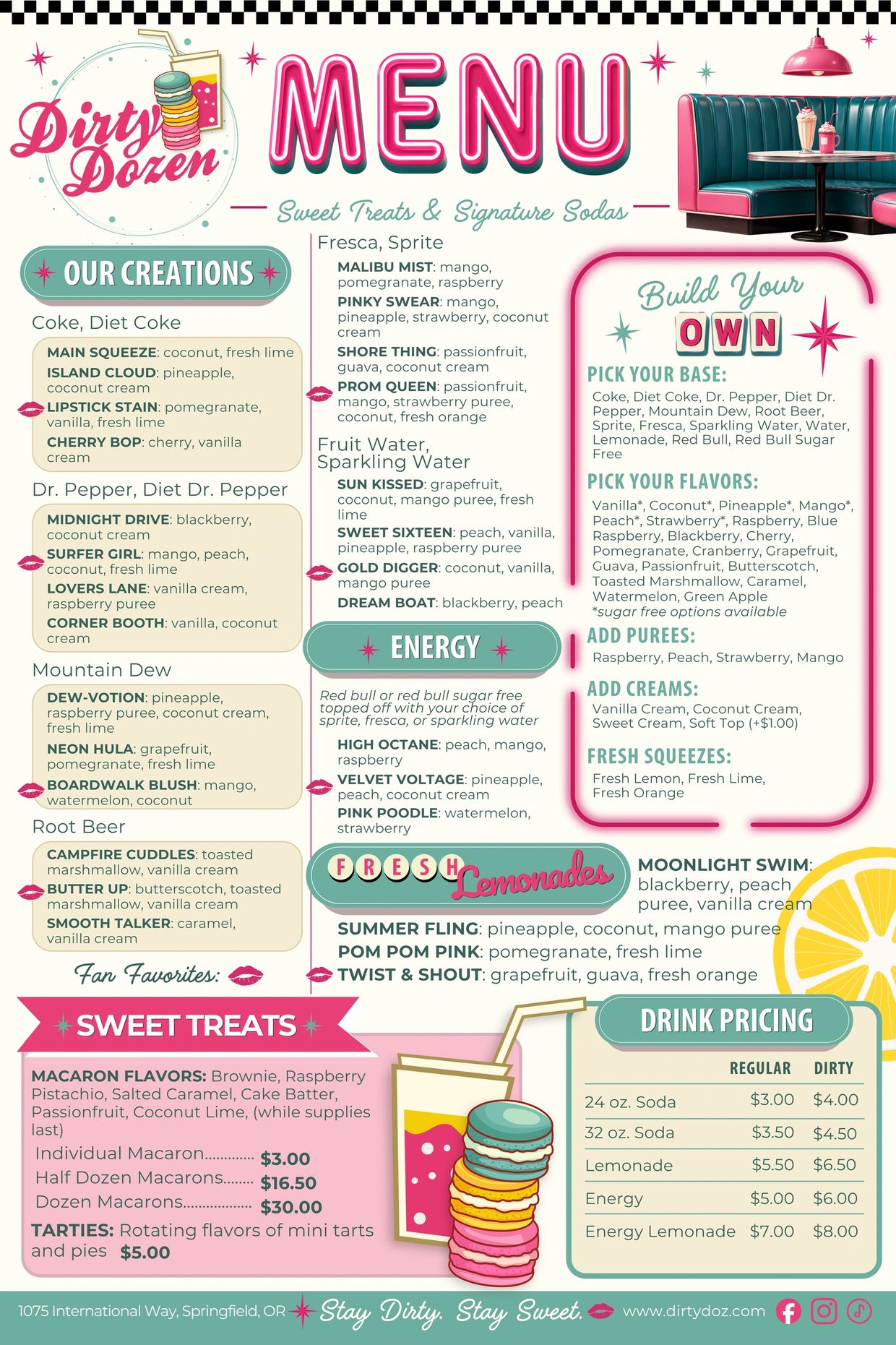 Retro diner menu featuring sweet treats, signature sodas, and customizable drink options.