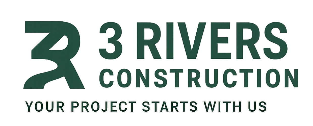 Logo of 3 Rivers Construction with slogan.