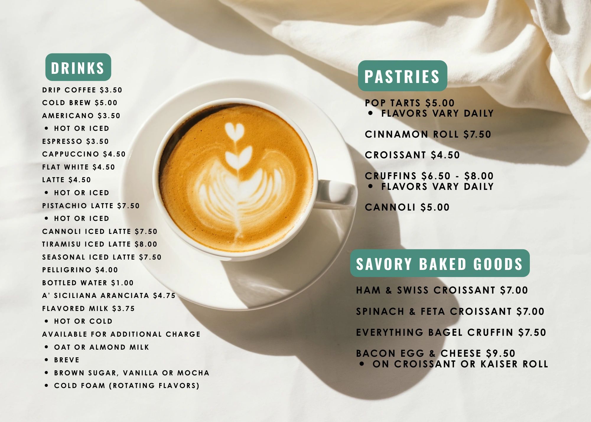 Coffee menu with drinks, pastries, and savory baked goods.