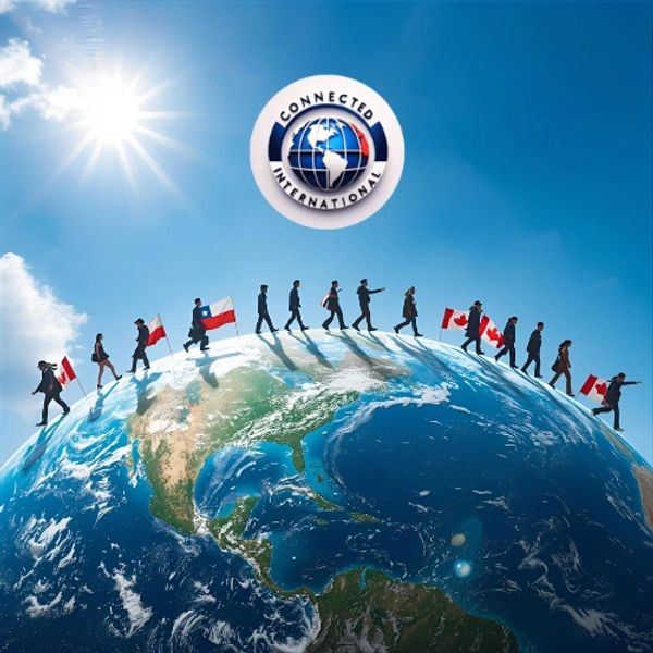 People walking on Earth holding flags under a bright sun with a Connected International logo.