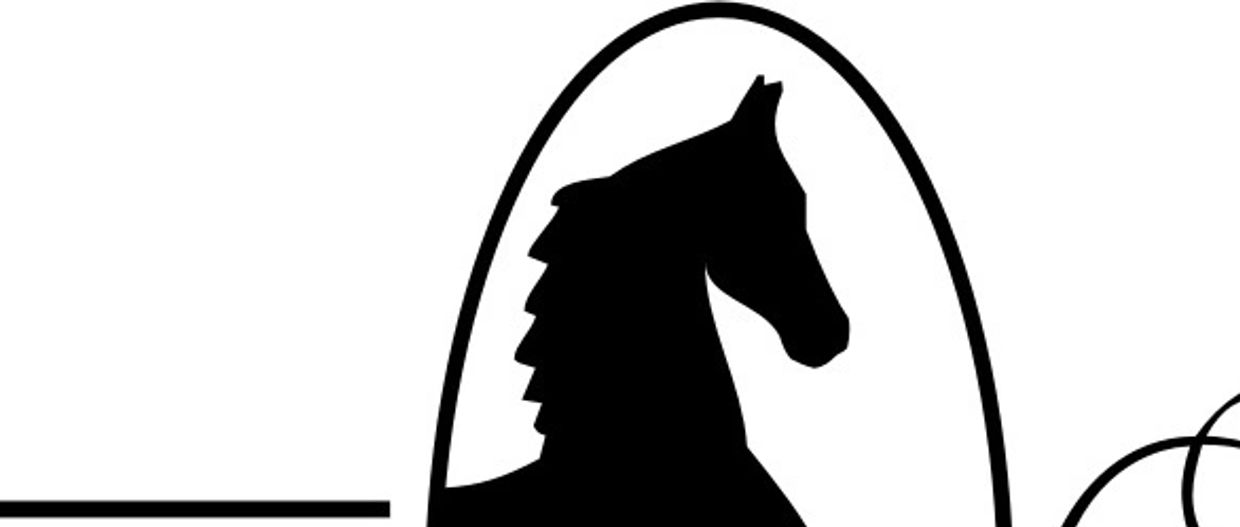 Black silhouette of a horse's head inside an oval frame on a white background.