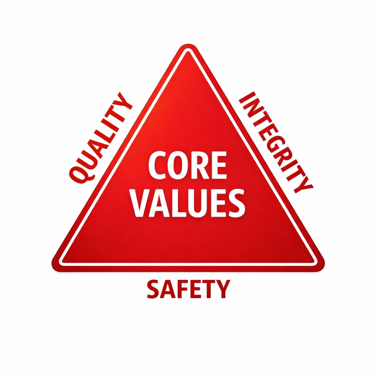 Red triangle with core values: quality, integrity, and safety.