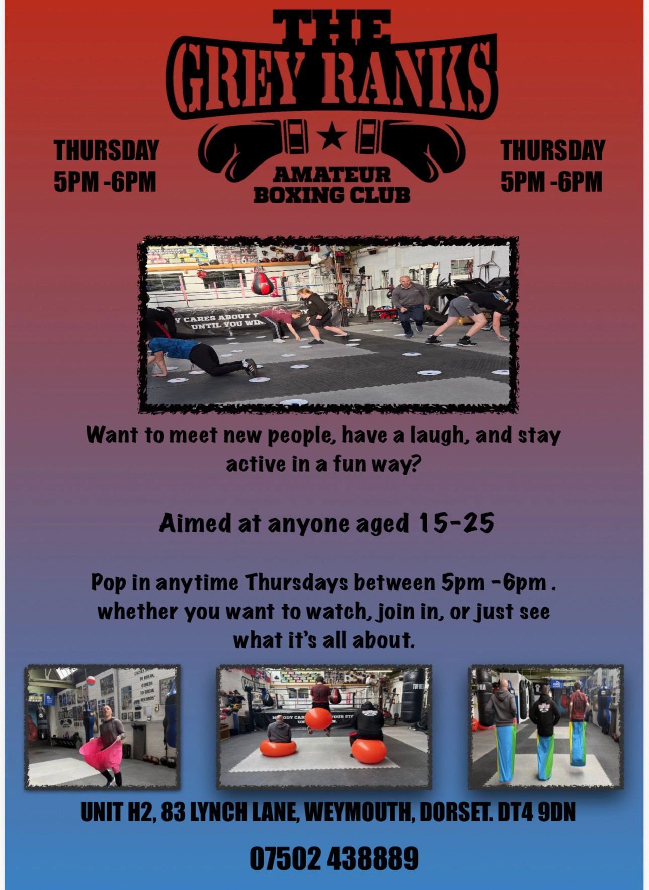 Flyer for The Grey Ranks Amateur Boxing Club sessions on Thursdays from 5pm-6pm.
