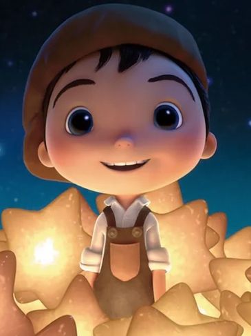 A cheerful animated boy surrounded by glowing star-shaped lights at night.