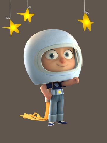 Cute cartoon astronaut with a homemade jetpack and hanging glowing stars.
