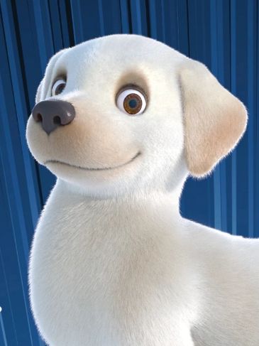 A friendly animated white dog with big brown eyes and a smile.