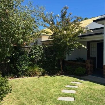 Sunny backyard with a stone path and lush greenery.