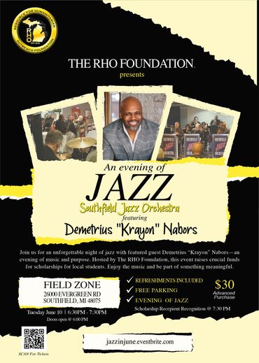 Flyer for an evening of jazz featuring Demetrius "Krayon" Nabors with the Southfield Jazz Orchestra.