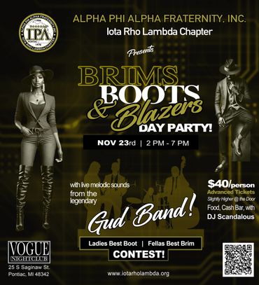 Flyer for Brims, Boots &amp; Blazers Day Party by Alpha Phi Alpha Iota Rho Lambda Chapter.