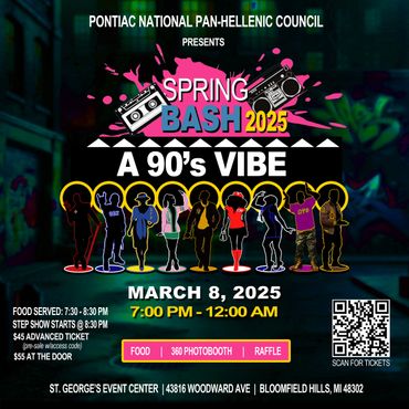 Poster for a 90's themed Spring Bash event on March 8, 2025, with music, food, and raffle.