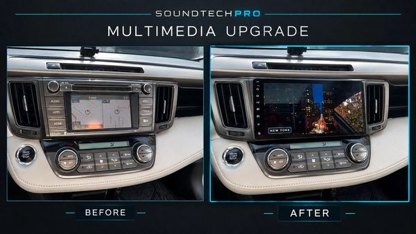 Before & after: Factory stereo upgraded to a modern touchscreen display by SOUNDTECHPRO.