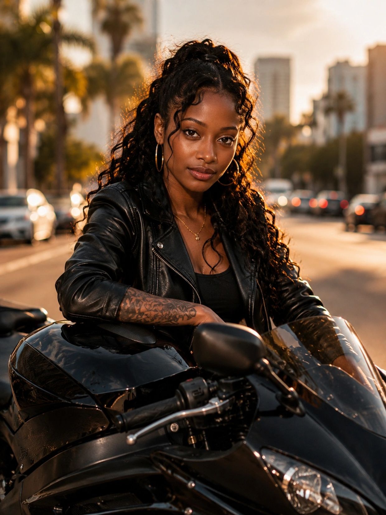 Confident woman in leather jacket on a black motorcycle at sunset.