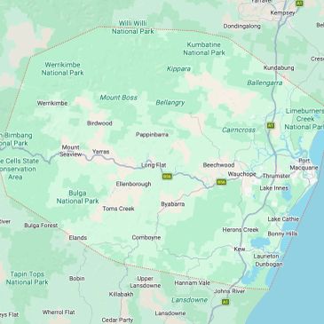 Map showing national parks and towns in New South Wales, Australia.