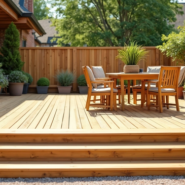 Wooden patio with outdoor furniture and plants.