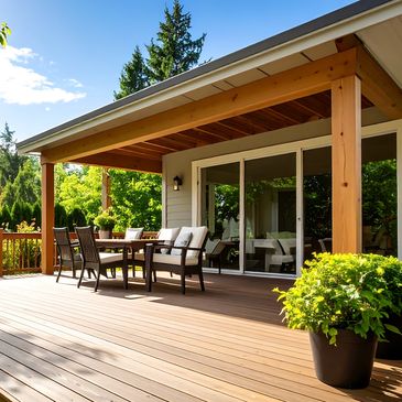 Sunny wooden patio with outdoor dining furniture.