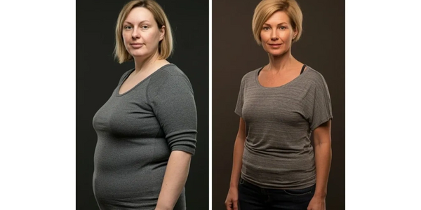 Before and after weight loss transformation of a woman.